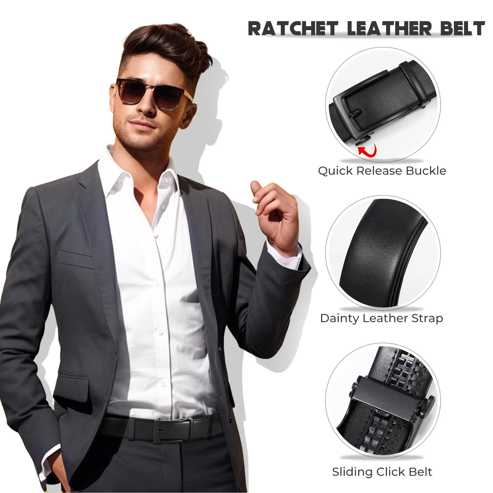BELTROAD Mens Belt Leather Ratcheting Belts for Men Adjustable Black Dress Quick Release Click Buckle Belt