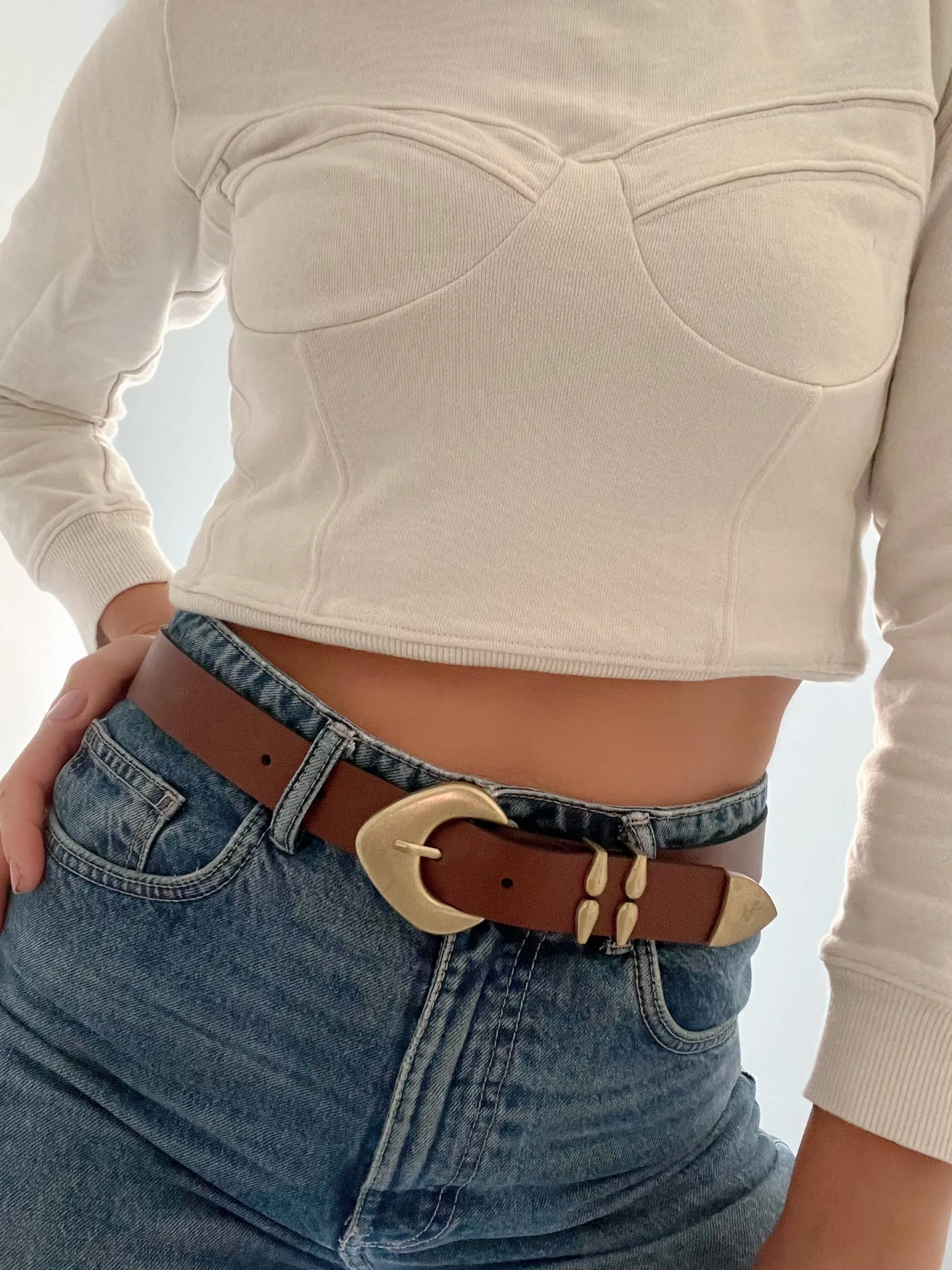 Brown Bronze Buckle Genuine Leather Belt