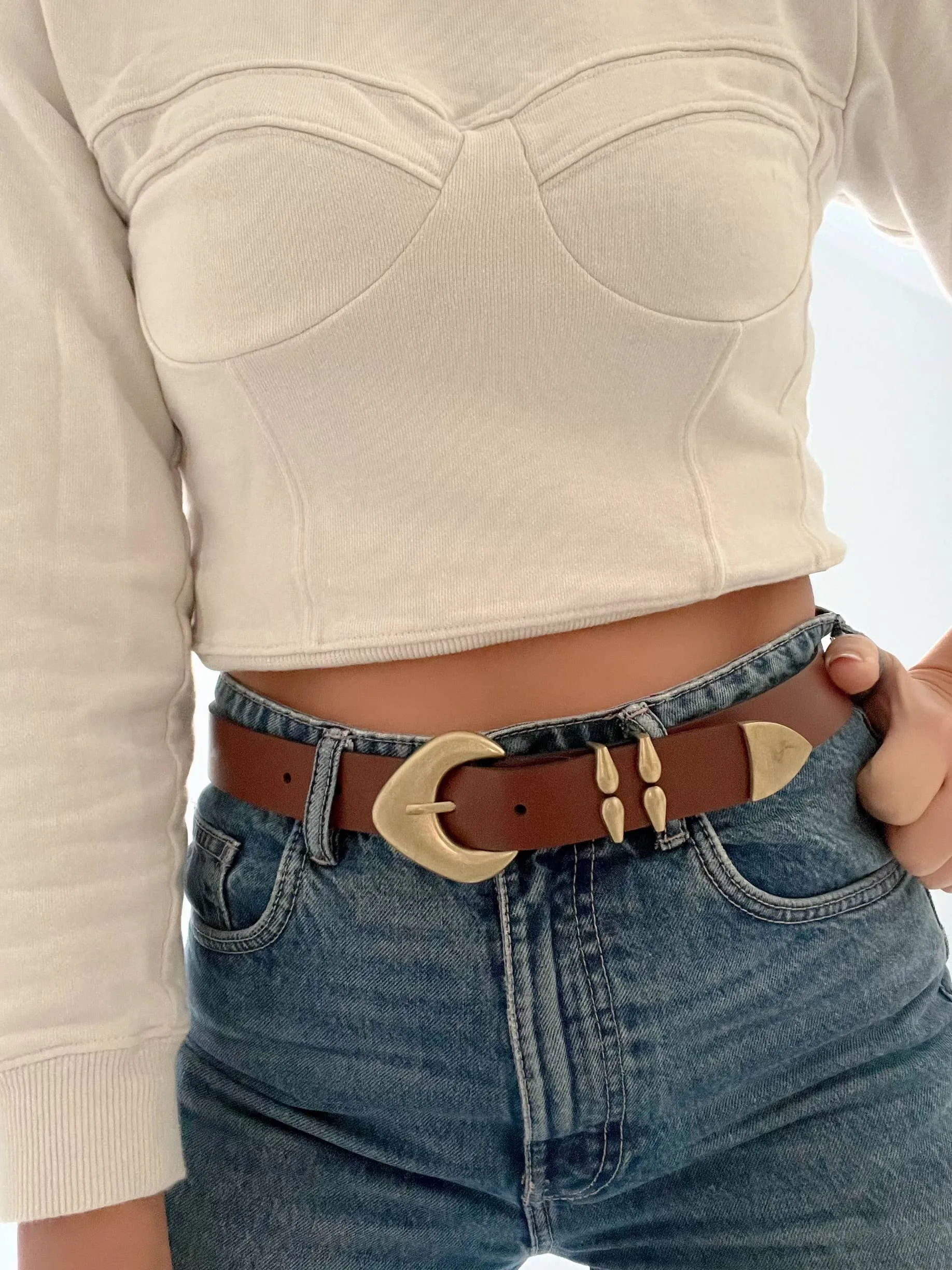 Brown Bronze Buckle Genuine Leather Belt