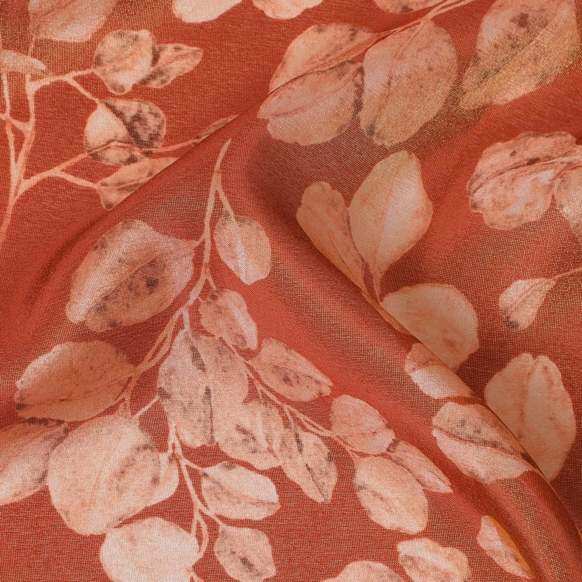 Burnt Sienna Organza Fabric - Delicate Leaf Imprint Design, 110cm Width, Luxurious Sheer Texture-D18937