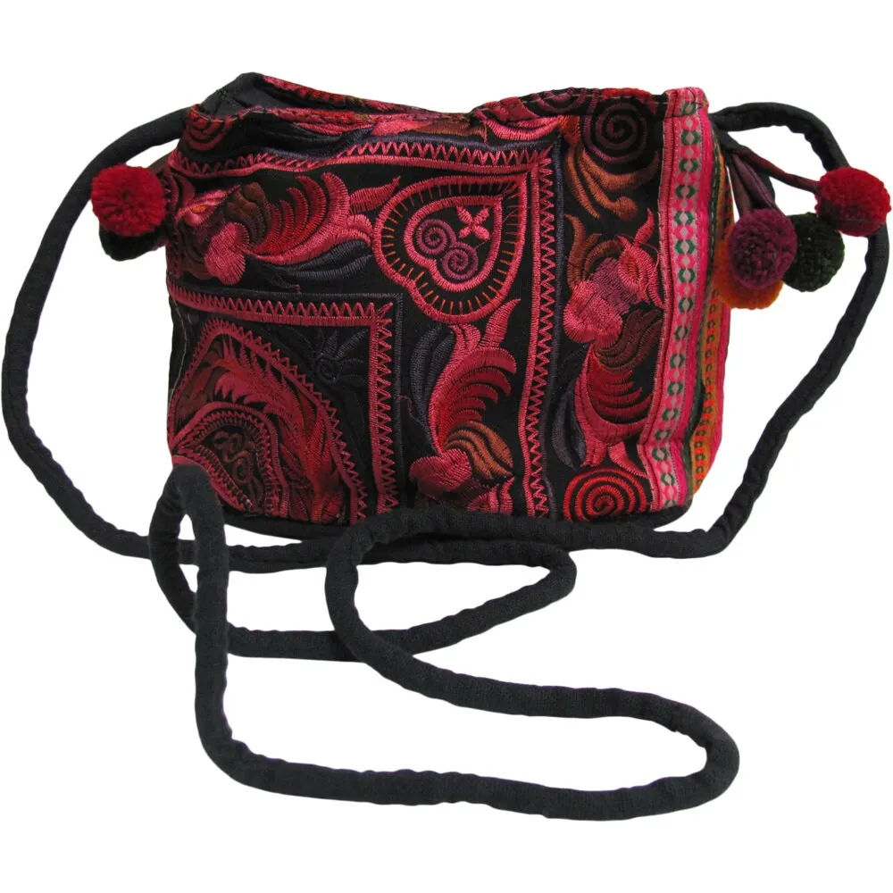 Cotton Embroidered Floral Boho Handmade Pom-Pom Shoulder Pouch Bag