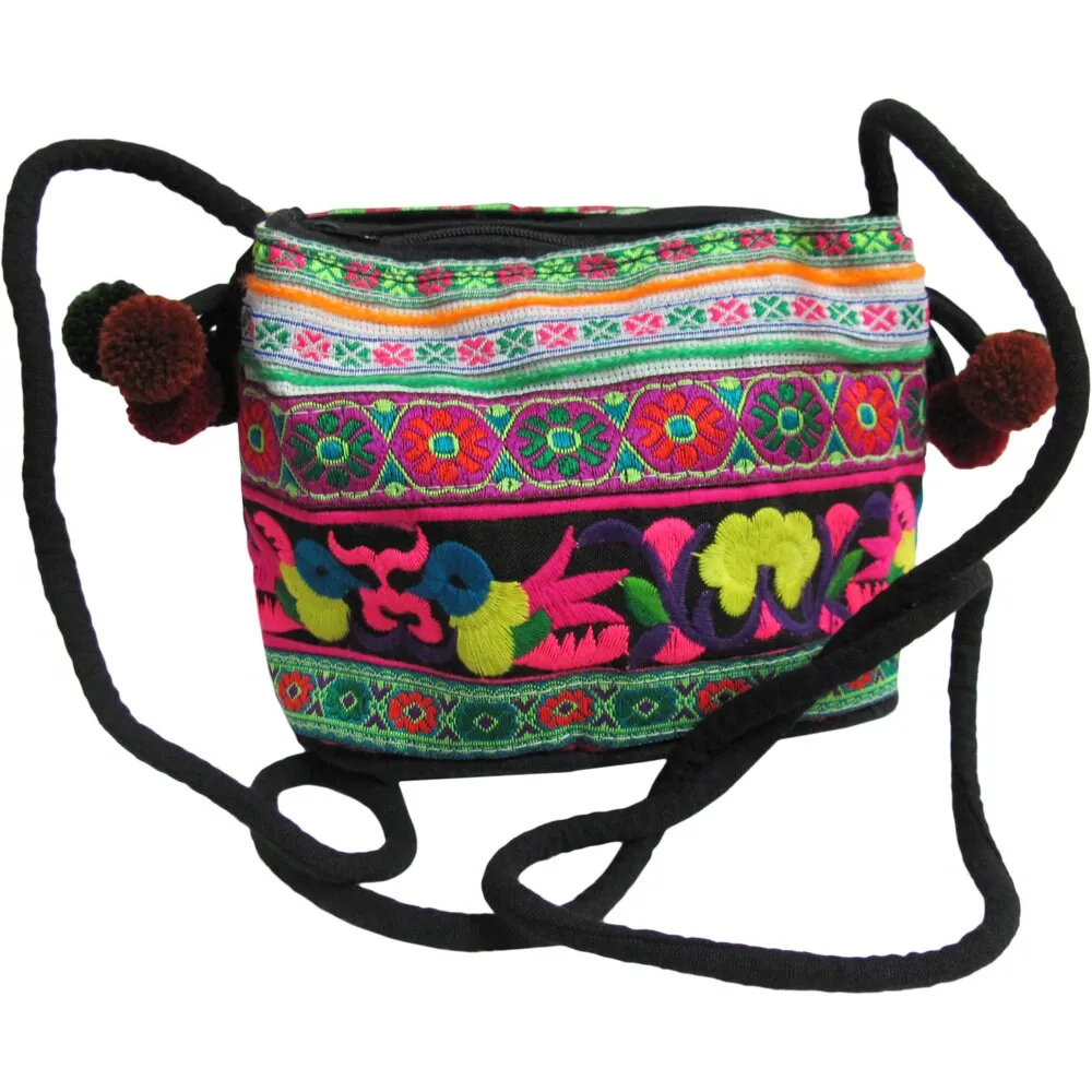 Cotton Embroidered Floral Boho Handmade Pom-Pom Shoulder Pouch Bag