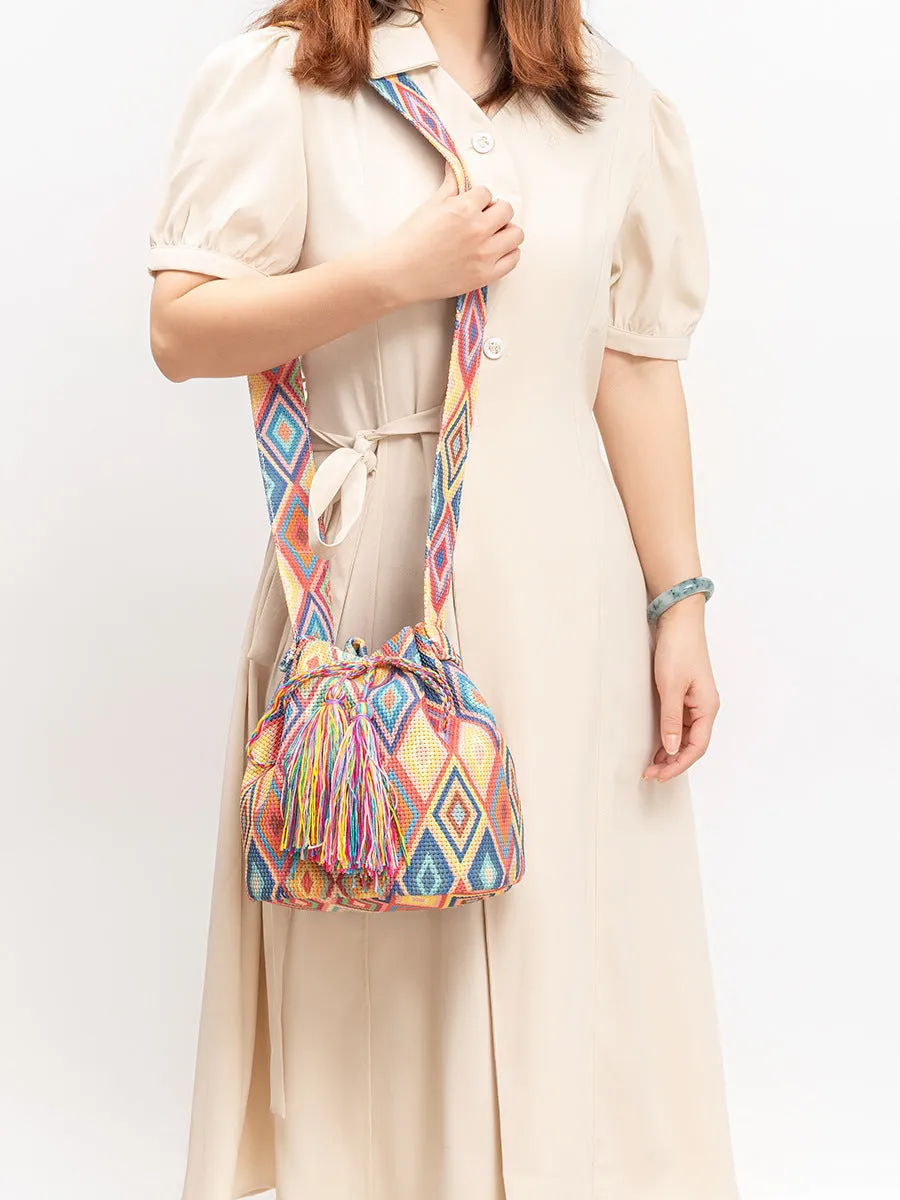 elveswallet Bohemian printed fringed canvas bucket bag