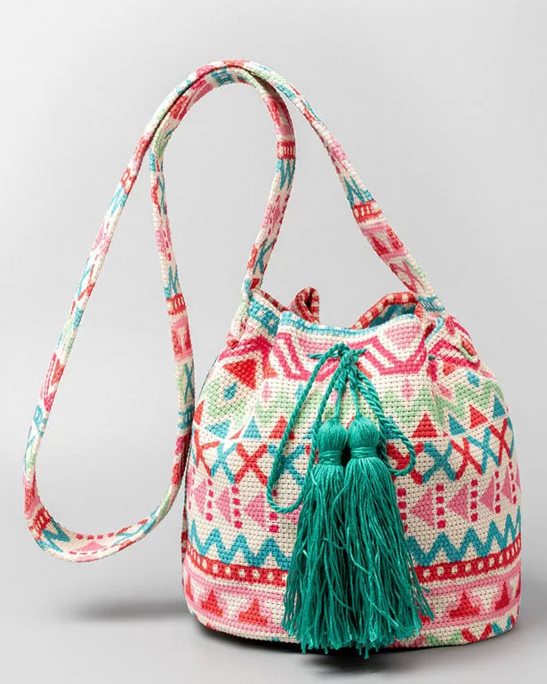 elveswallet Bohemian printed fringed canvas bucket bag