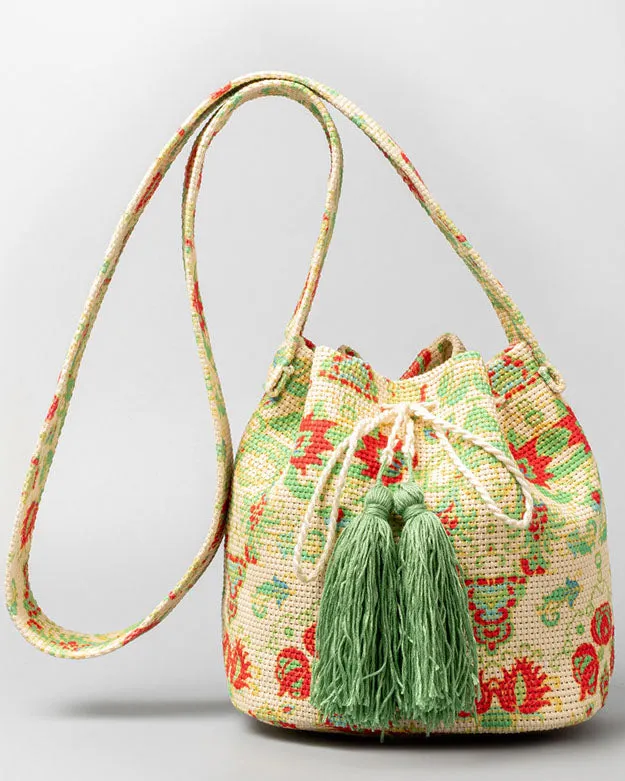 elveswallet Bohemian printed fringed canvas bucket bag