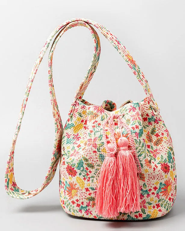 elveswallet Bohemian printed fringed canvas bucket bag
