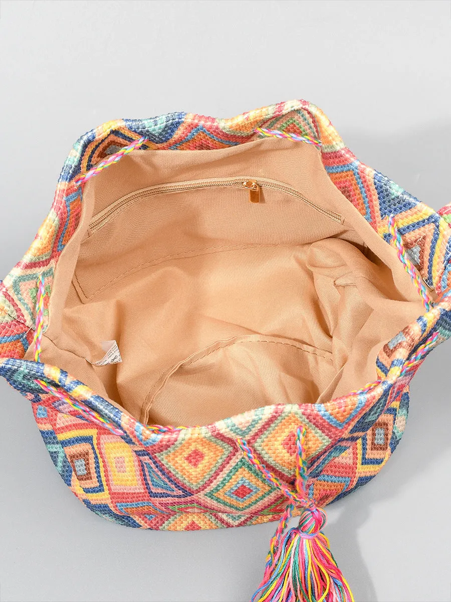 elveswallet Bohemian printed fringed canvas bucket bag
