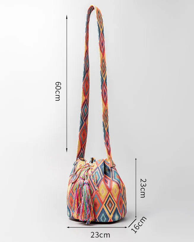 elveswallet Bohemian printed fringed canvas bucket bag