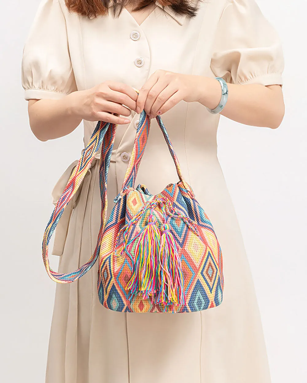 elveswallet Bohemian printed fringed canvas bucket bag