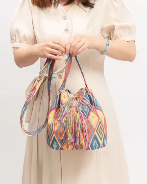 elveswallet Bohemian printed fringed canvas bucket bag
