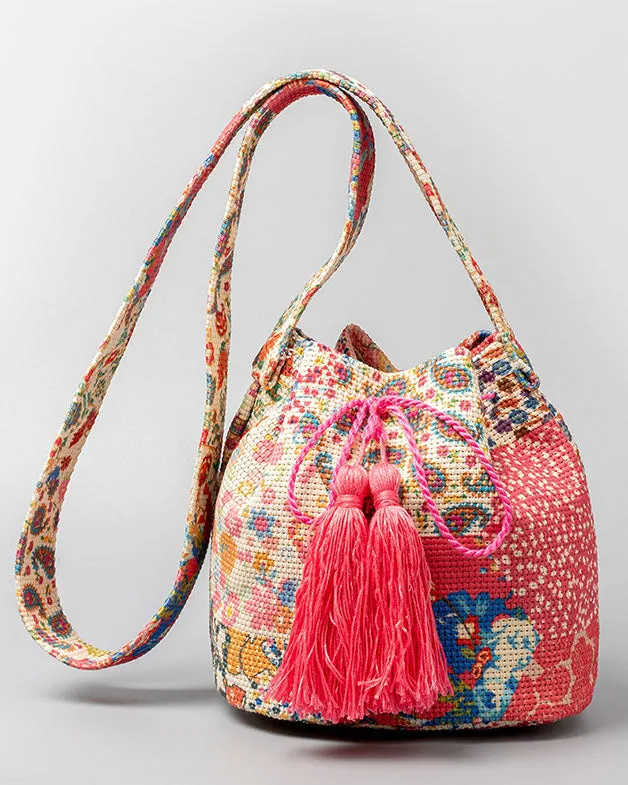 elveswallet Bohemian printed fringed canvas bucket bag