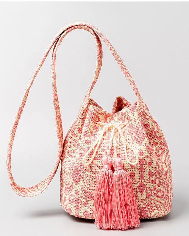 elveswallet Bohemian printed fringed canvas bucket bag