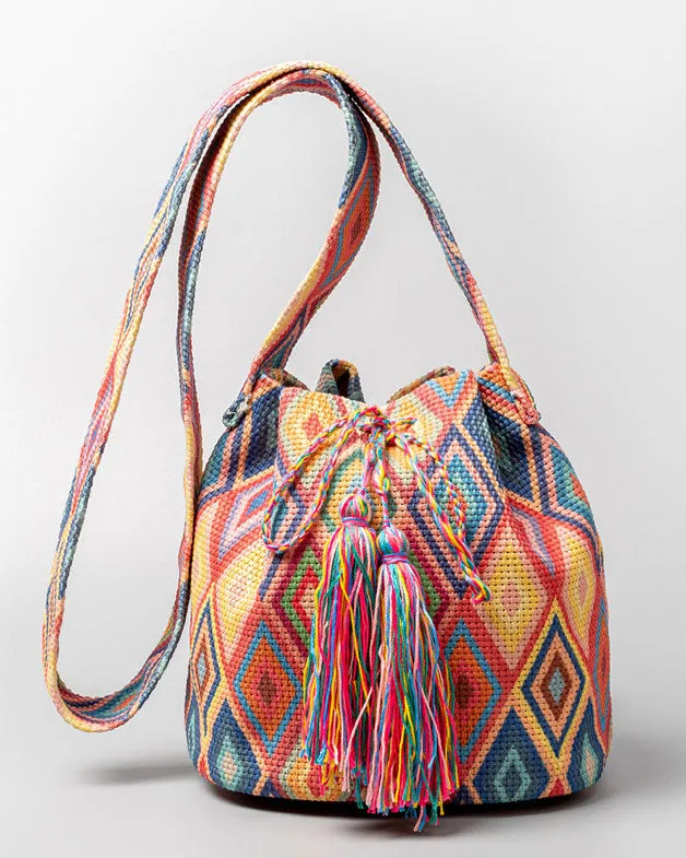 elveswallet Bohemian printed fringed canvas bucket bag