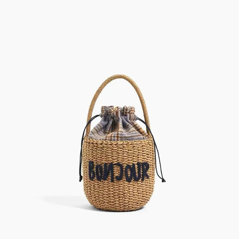 elveswallet Rattan Woven Straw Round Bucket Bag