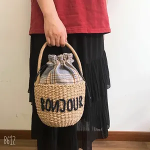 elveswallet Rattan Woven Straw Round Bucket Bag