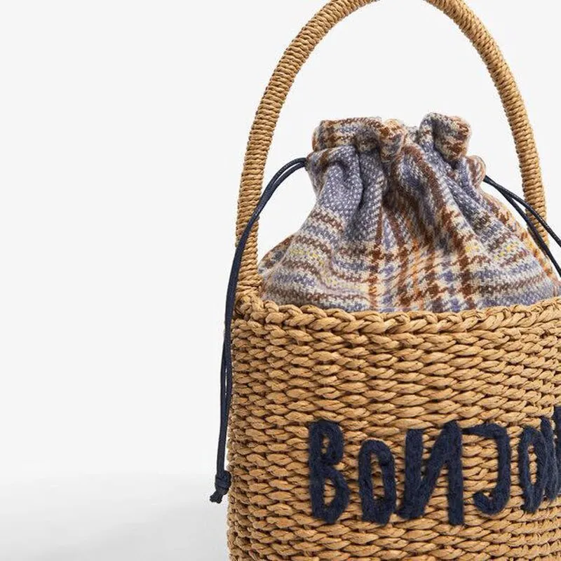 elveswallet Rattan Woven Straw Round Bucket Bag