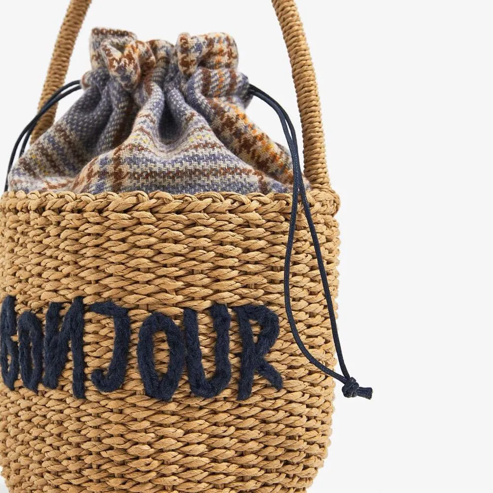 elveswallet Rattan Woven Straw Round Bucket Bag