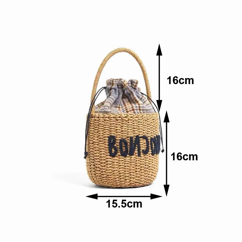 elveswallet Rattan Woven Straw Round Bucket Bag