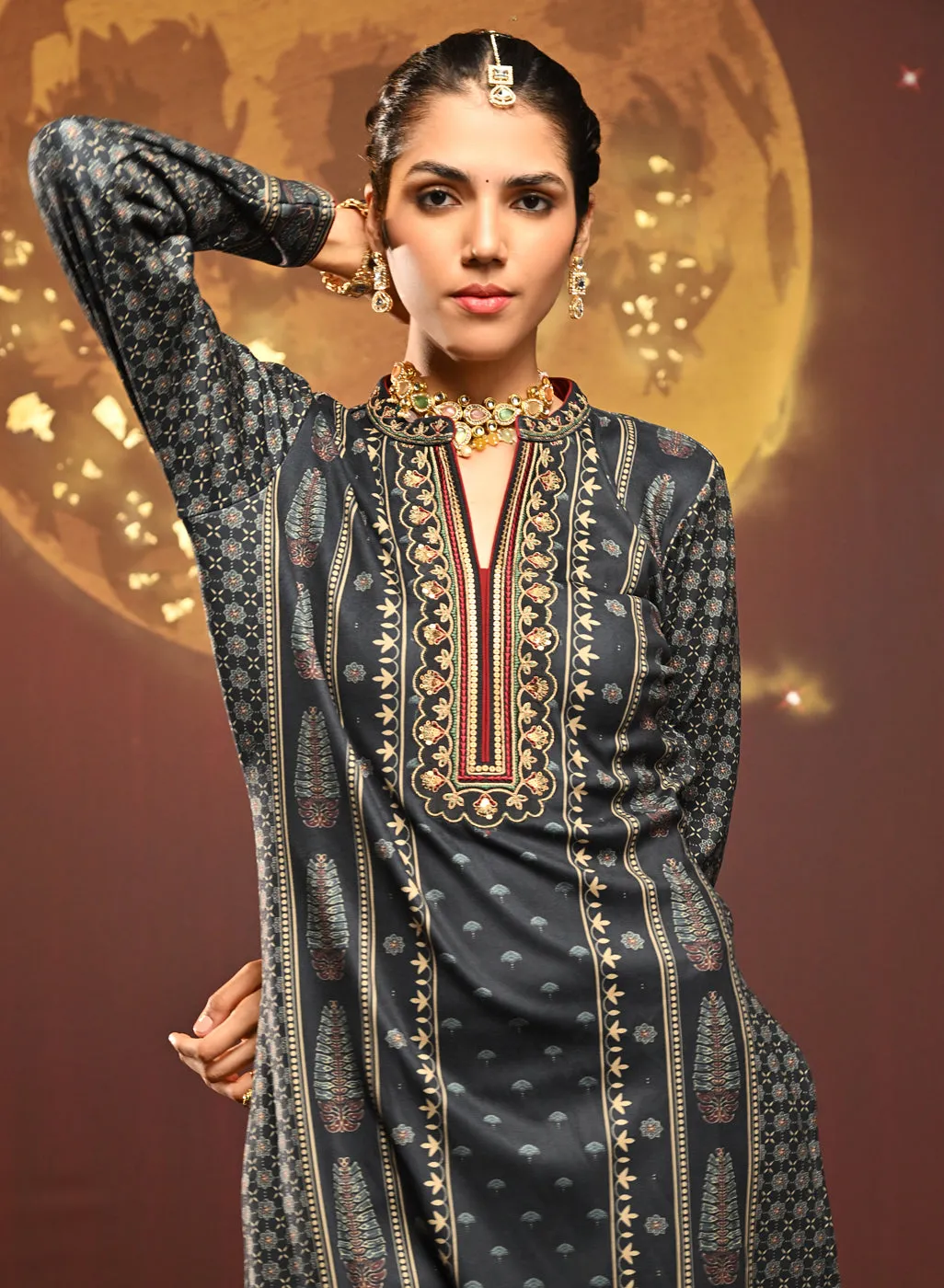 Harleen Black Printed Brushed Fleece Long Kurta for Women