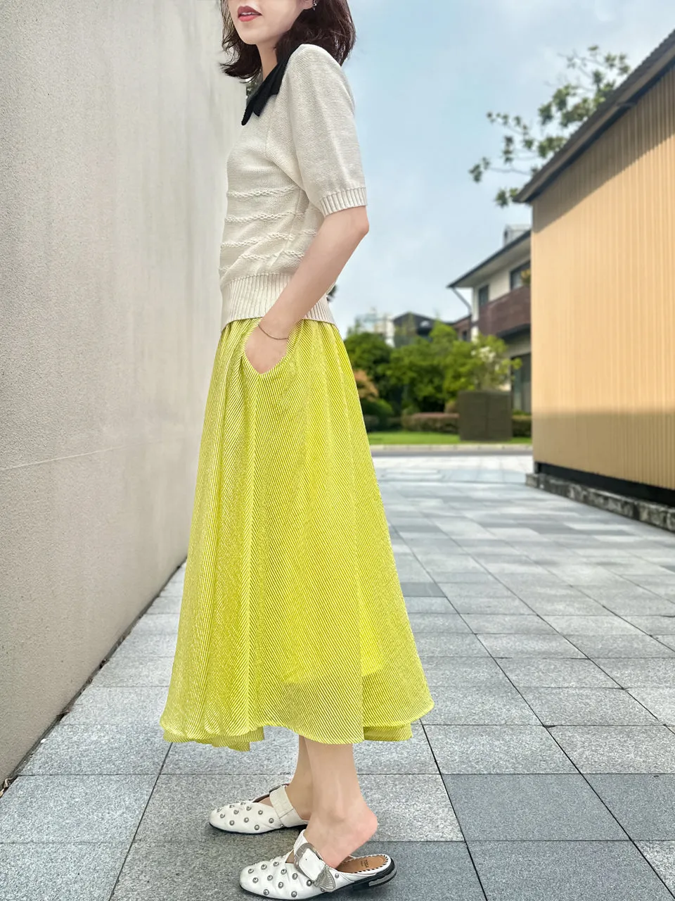 Ivory Linen-Blend Contrast Collar Short-sleeves Knit Top