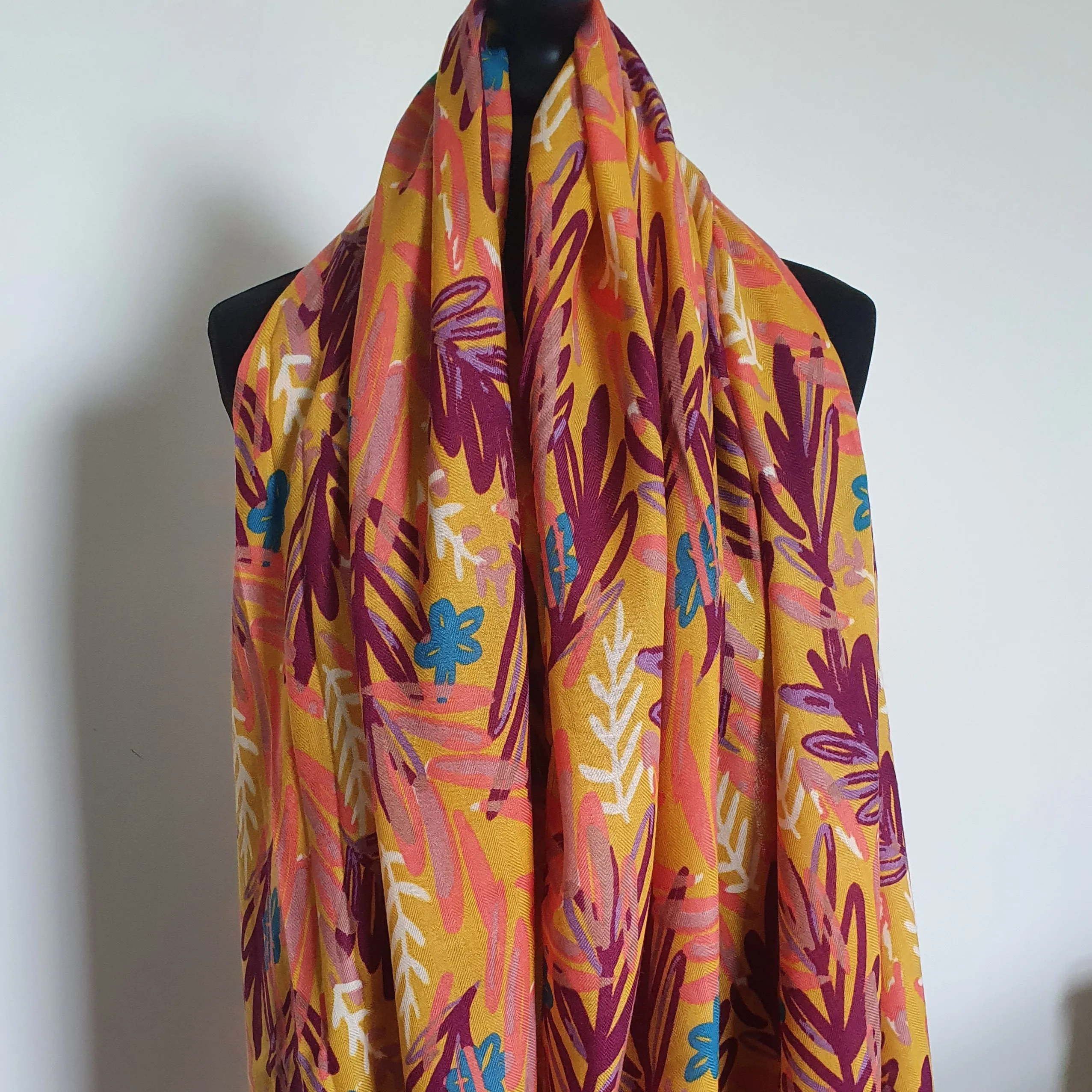 Mustard Watercolour Leaf Scarf