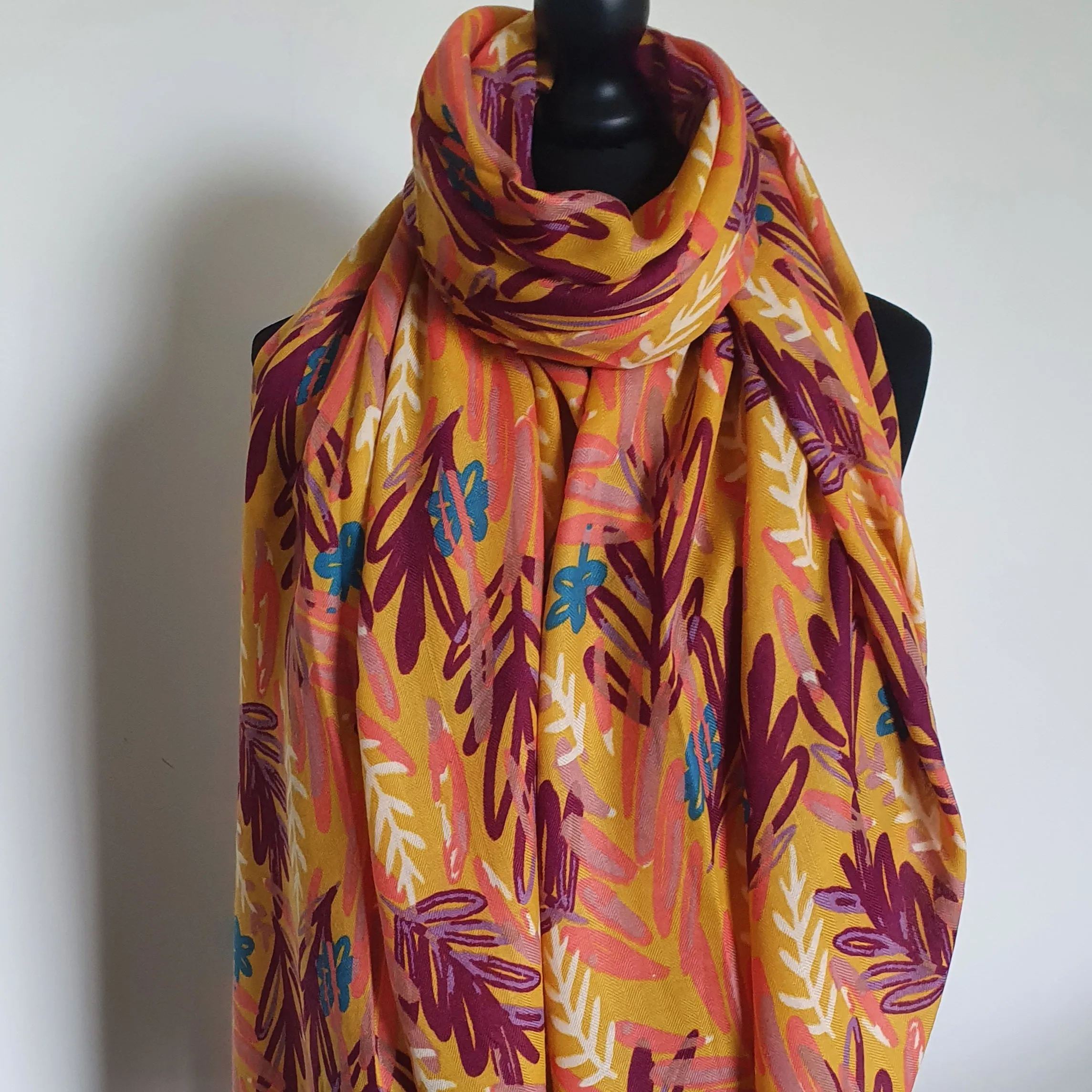 Mustard Watercolour Leaf Scarf
