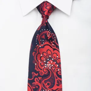 OVO Classic Men's Silk Necktie Red Anthemion On Navy Sparkling With Crystal Rhinestones