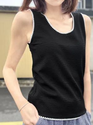 Patterned Black Contrast Scallop Trim Jersey Tank