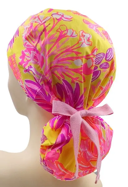 Pink Yellow 012 Euro , Pony Tail Scrub Cap Doctor Hospital Surgical ODP Vet