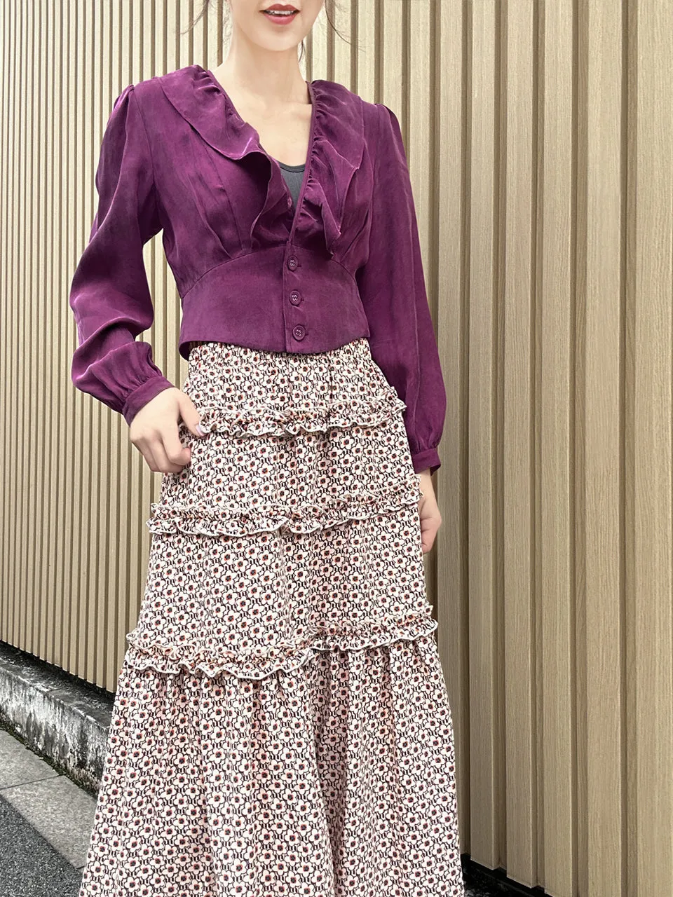 Purple Magenta Buttoned Waist Ruffles Crop Top
