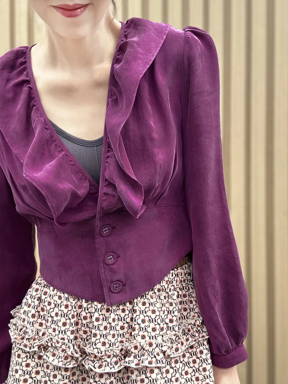 Purple Magenta Buttoned Waist Ruffles Crop Top