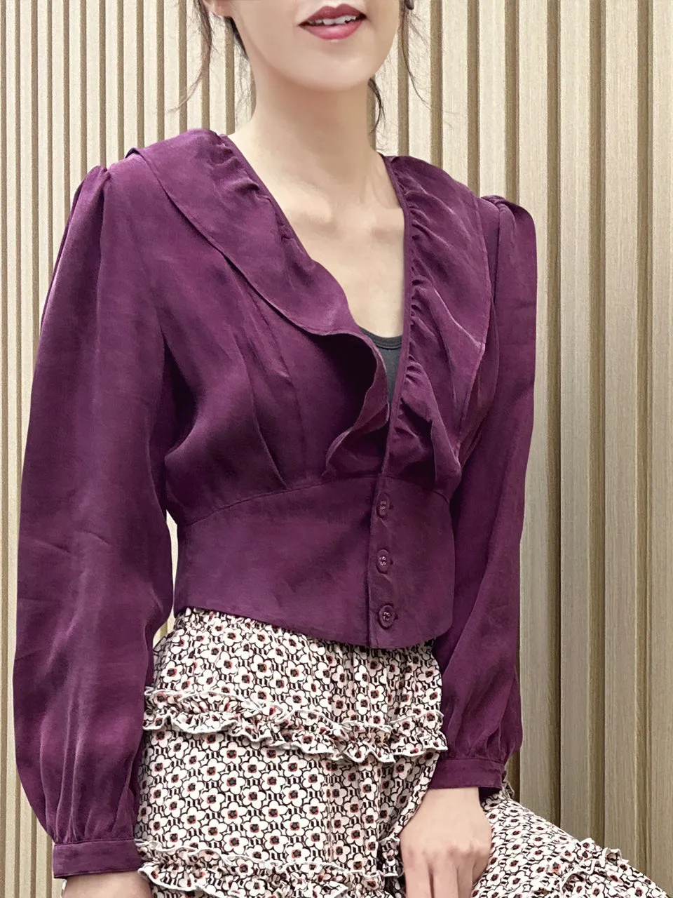 Purple Magenta Buttoned Waist Ruffles Crop Top