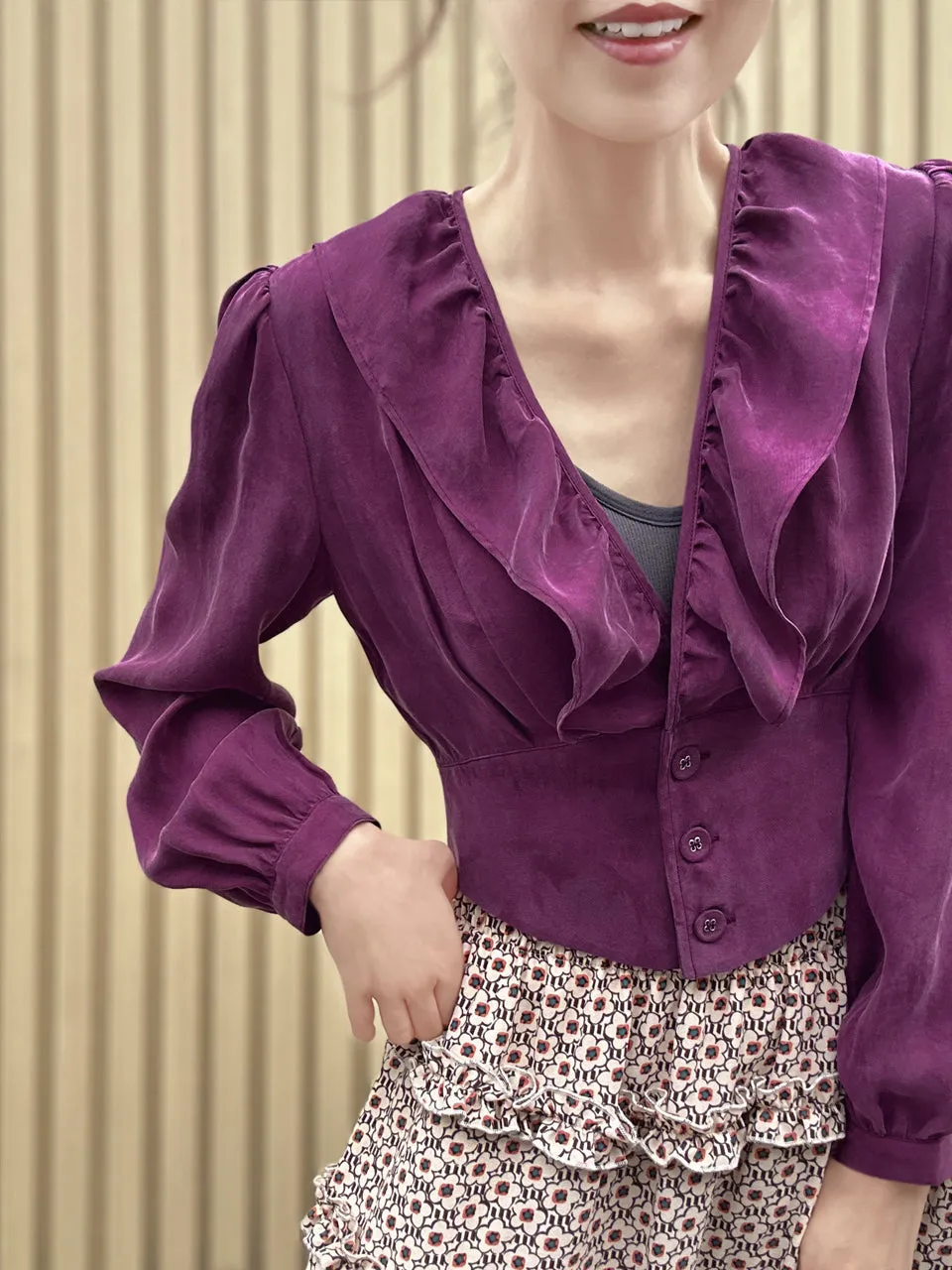 Purple Magenta Buttoned Waist Ruffles Crop Top