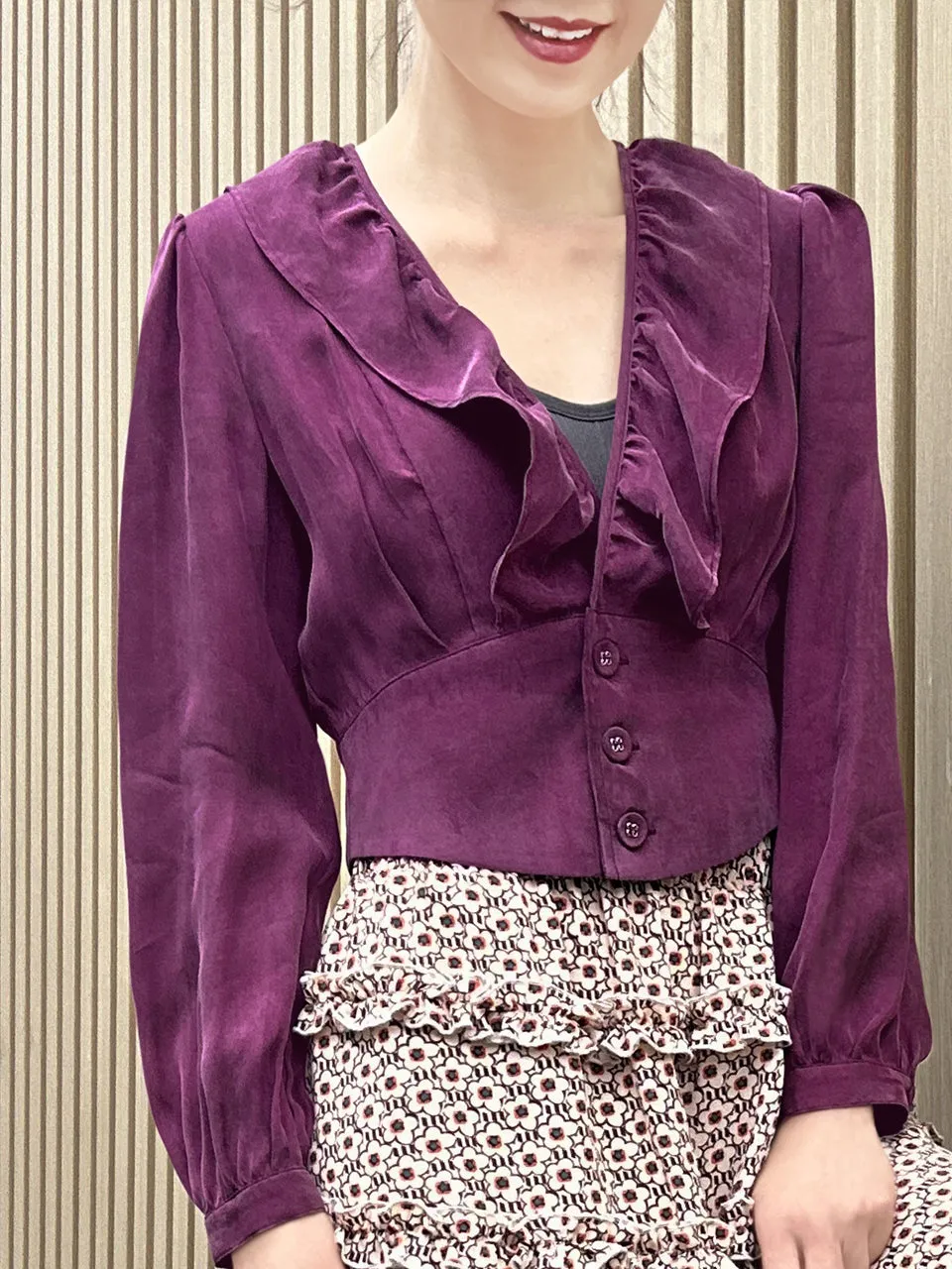 Purple Magenta Buttoned Waist Ruffles Crop Top