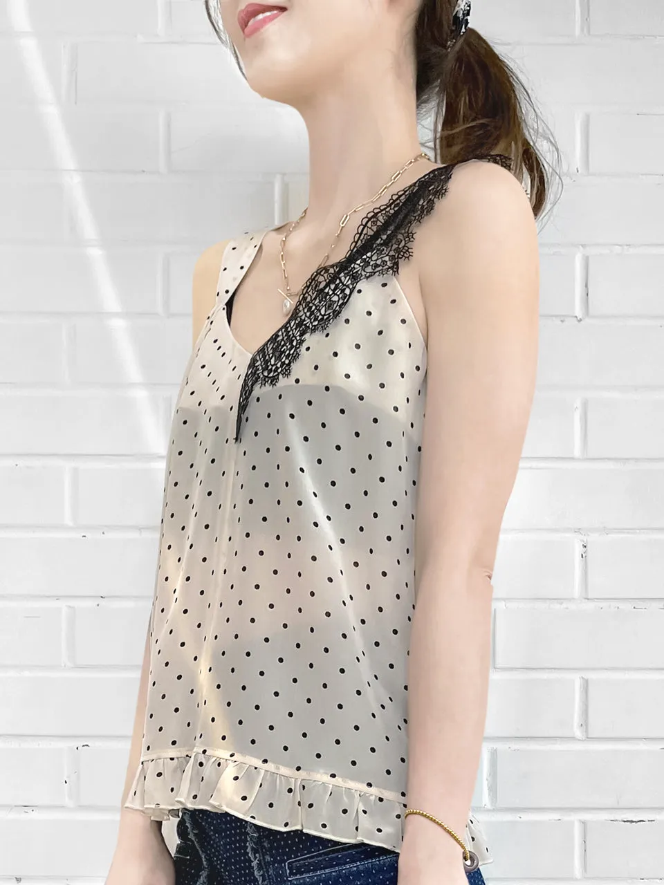 SPECIAL! Polka Dot Asymmetrical Lace Strap Ruffle Hem Silk Tank