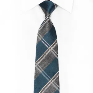 Teal Silver Plaid Rhinestone Silk Necktie With Silver Sparkles