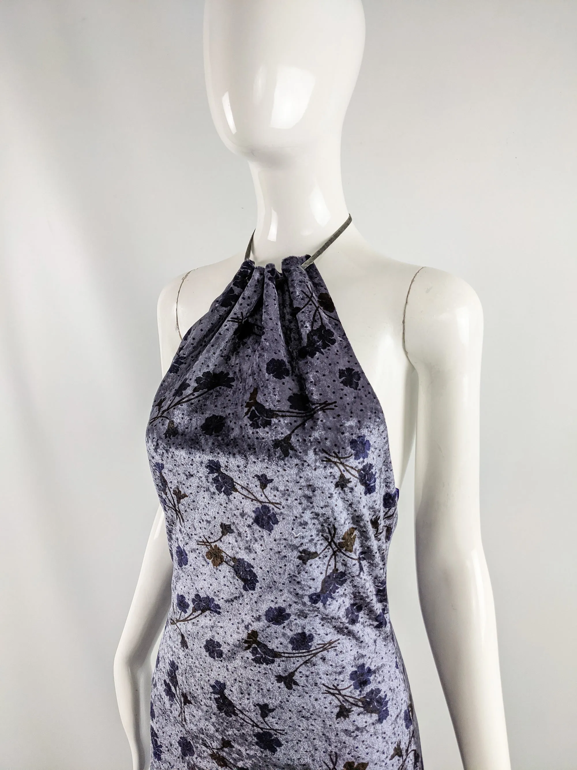 Vintage Floral Velvet Backless Halter Dress, 2000s