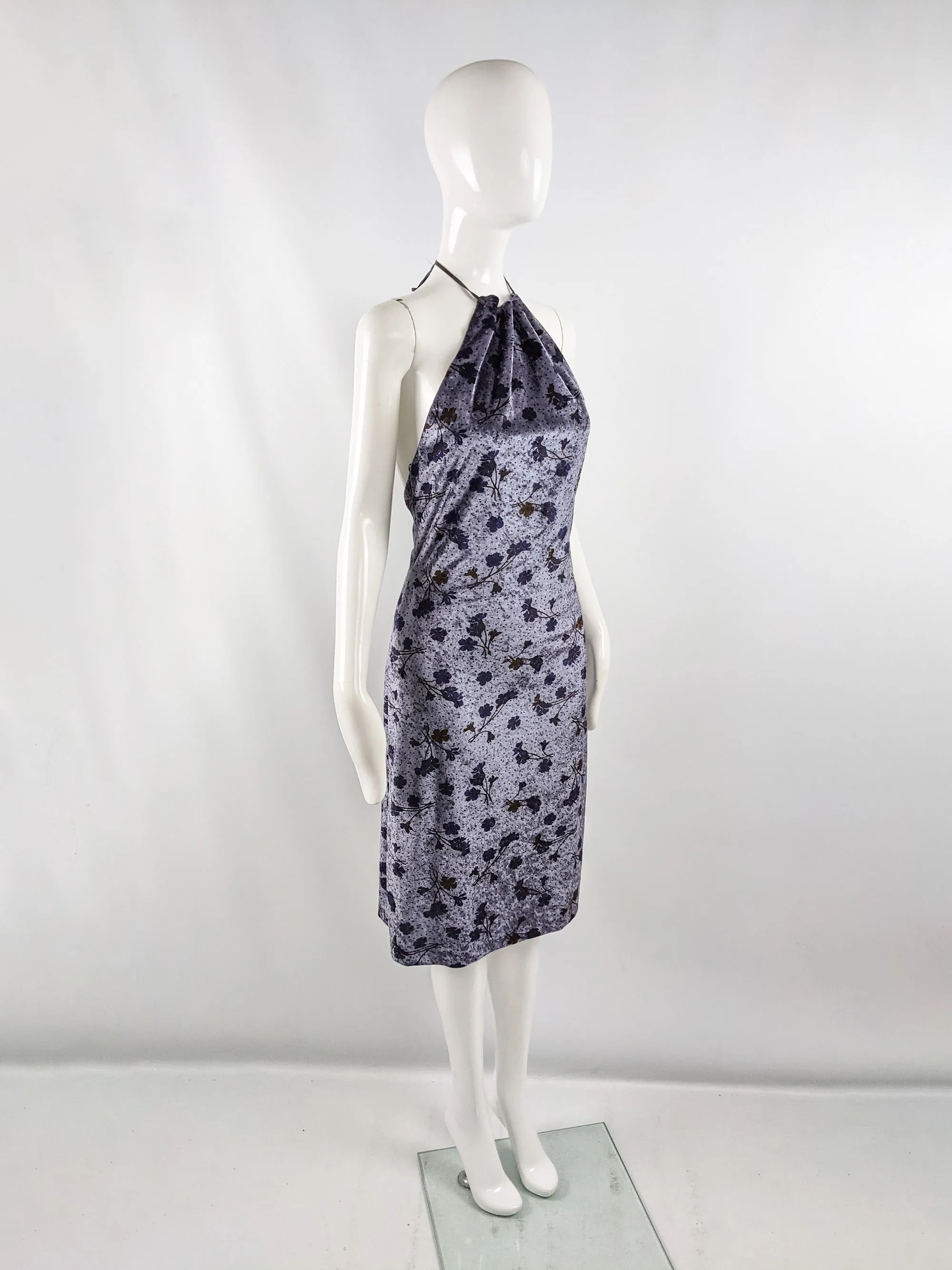 Vintage Floral Velvet Backless Halter Dress, 2000s