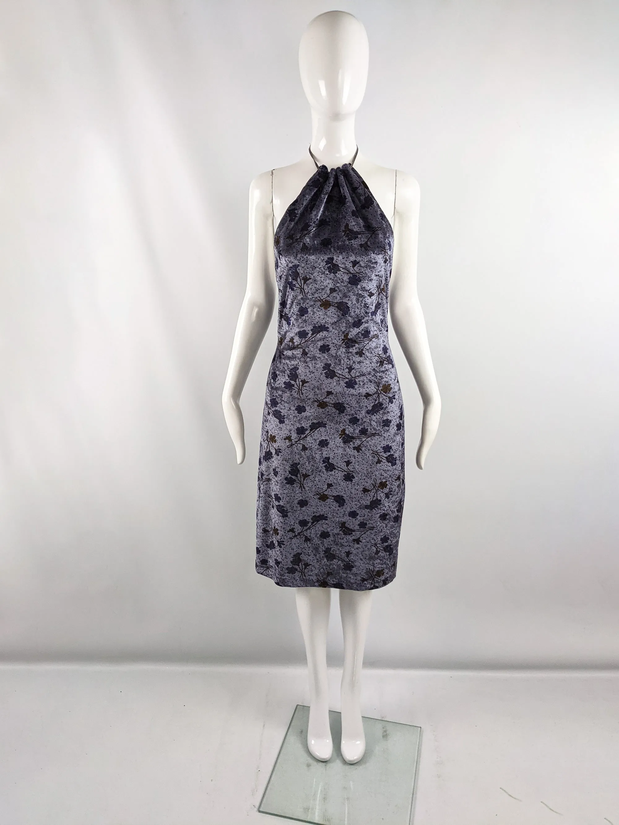 Vintage Floral Velvet Backless Halter Dress, 2000s